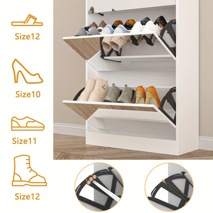 Shoe Storage Unit with a Full-Length Mirror, Featuring a Double Rack And Five Flip Drawers, Designed in White Wood for Organizing Shoes in Entryways, Hallways, And Corridors.