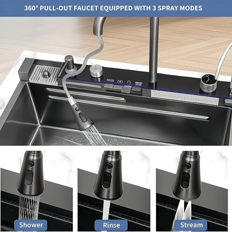 Deluxe Stainless Steel Kitchen Sink - Large Single Basin With Waterfall Feature, Thickened For Durability, Faucet Included - Modern Gunmetal Grey Design. Honeycomb Nano Protective Coating.