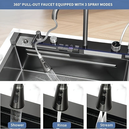 Deluxe Stainless Steel Kitchen Sink - Large Single Basin With Waterfall Feature, Thickened For Durability, Faucet Included - Modern Gunmetal Grey Design. Honeycomb Nano Protective Coating.