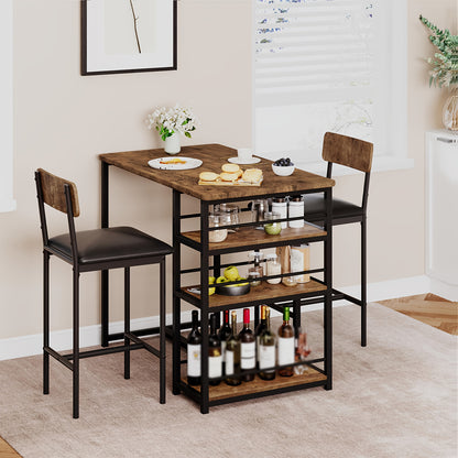 Retro Industriële Bar Set – Bistro Set – Keukentafel Met Stoelen – Barmeubel – Ontbijthoek Meubel – Compact 3-Delig – Duurzaam Hout En Metaal – Met 3 Niveaus Planken