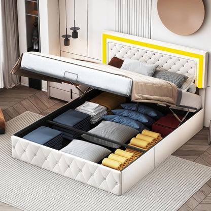 Bed 140x200 cm – Tweepersoonsbed – Opbergbed – Gestoffeerd Bed – Led Bed – Hydraulisch Liftsysteem – Luxe Beige Velvet – Verstelbare LED-lichtstrip