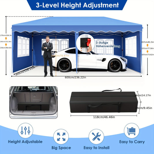 3x6 Meter Vouwtent – Vouwpaviljoen – Partytent – Markttent – Tuinkamer – Met 6 Zijpanelen – Verstelbare Hoogte – UV Bescherming 50+