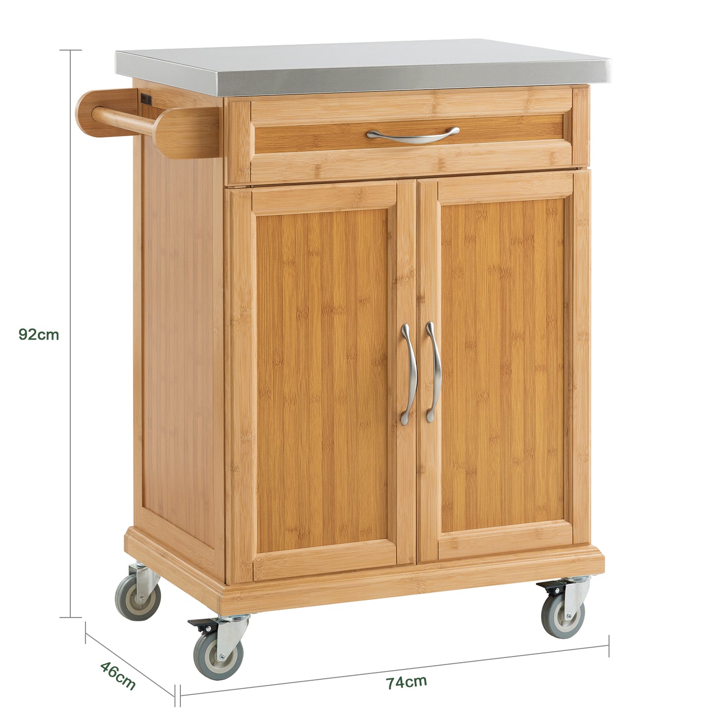 Keukentrolley – Keukenwagen – Serveerwagen – Keukenrek – Keukenkast – Bamboe Met RVS Werkblad – Mobiel Met Remmen – 66x92x46 cm