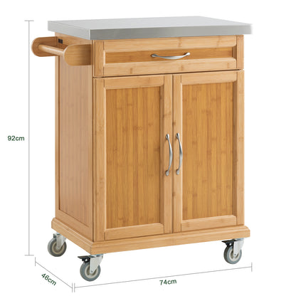 Keukentrolley – Keukenwagen – Serveerwagen – Keukenrek – Keukenkast – Bamboe Met RVS Werkblad – Mobiel Met Remmen – 66x92x46 cm