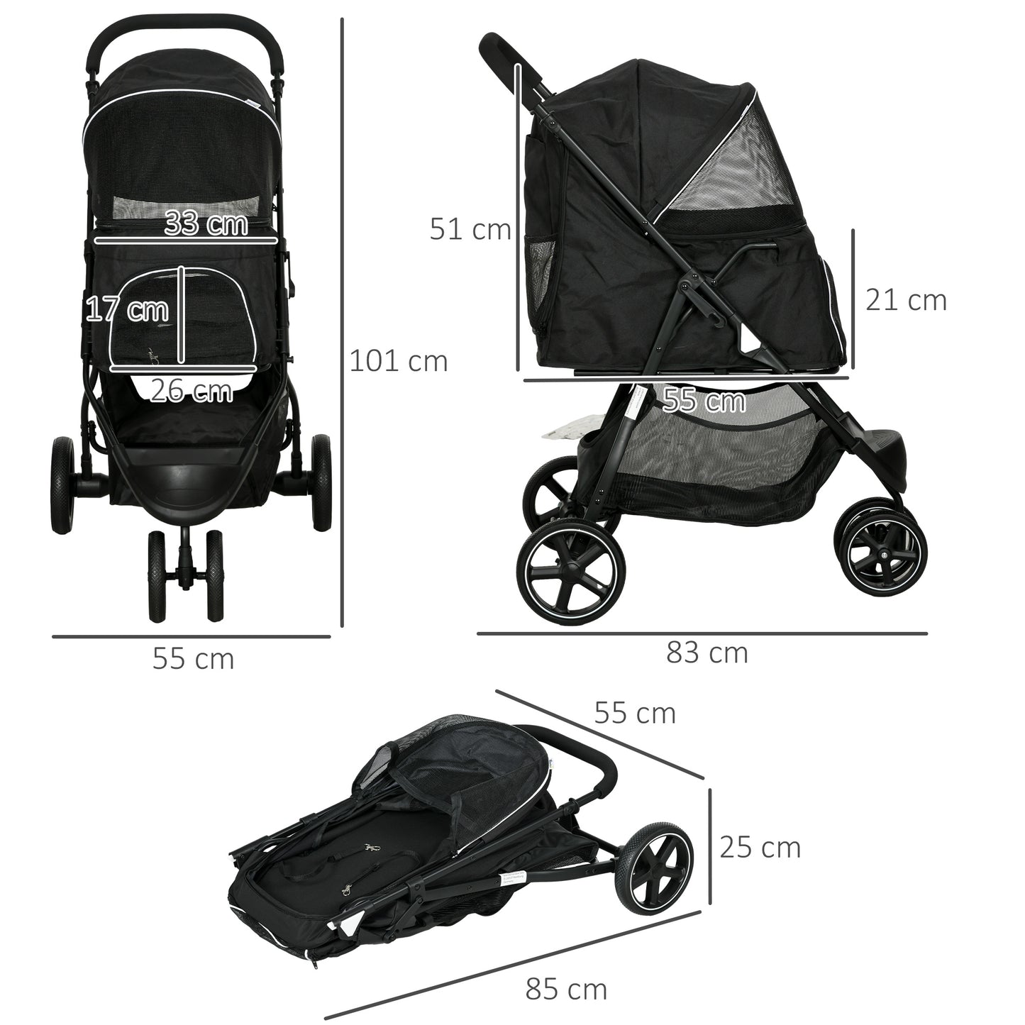 Inklapbare Huisdier Buggy – Dierenwagen – Hondenwagen – Kattenwagen – Wandelwagen – Zwart – Stevig Metaal Frame – 4 EVA Wielen