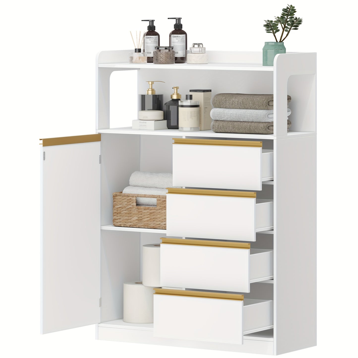 Badkamerkast – Badkamermeubel – Opbergkast – Kolomkast – Wastafelonderkast – 4 Laden & Open Vak – Verstelbare Planken – Wit 110x80x30 cm – Stevig Spaanplaat – Anti-Kantel Veiligheid