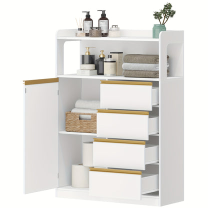 Badkamerkast – Badkamermeubel – Opbergkast – Kolomkast – Wastafelonderkast – 4 Laden & Open Vak – Verstelbare Planken – Wit 110x80x30 cm – Stevig Spaanplaat – Anti-Kantel Veiligheid