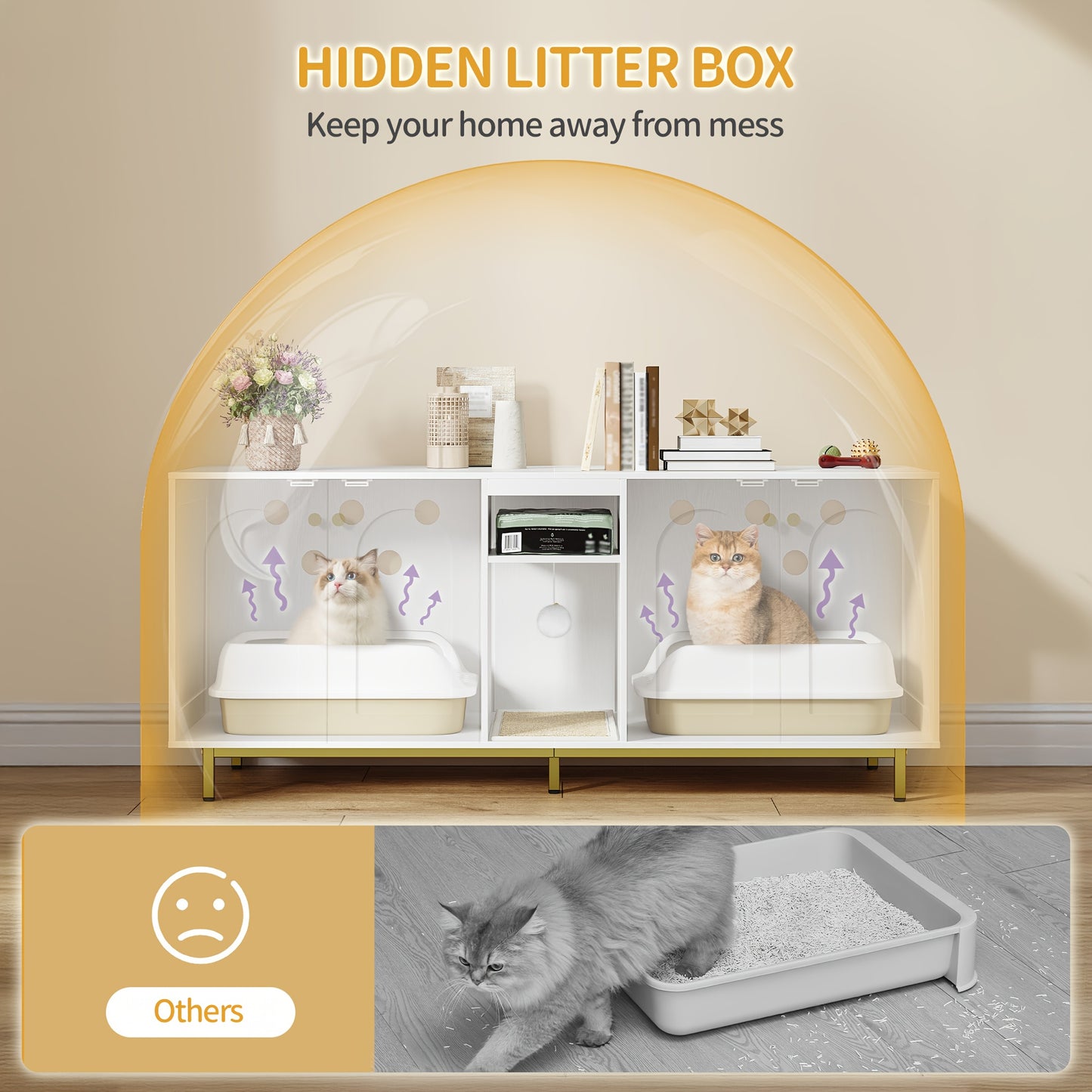 Kattenbakkast – Kattenkast – Kattenbak Meubel – Kattenhuis – Kattenbak Ombouw – Voor 2 Katten – Verborgen Kattenbak Met Opbergruimte – Wit Met Gouden Accenten – 140x48x62 cm – Inclusief Pluche Speelballen