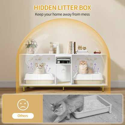 Kattenbakkast – Kattenkast – Kattenbak Meubel – Kattenhuis – Kattenbak Ombouw – Voor 2 Katten – Verborgen Kattenbak Met Opbergruimte – Wit Met Gouden Accenten – 140x48x62 cm – Inclusief Pluche Speelballen