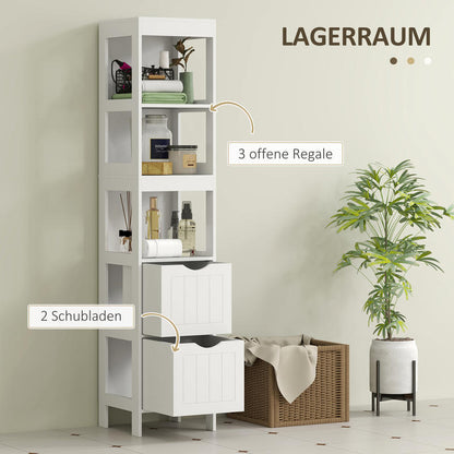 Compact MDF Freestanding Bathroom Shelf with 2 Drawers & 3 Open Shelves - Space-Saving Modern Bathroom Cabinet with Black Knobs, Moisture-Resistant Storage Organizer for Small Bathrooms, No Installation Required, Sturdy MDF C