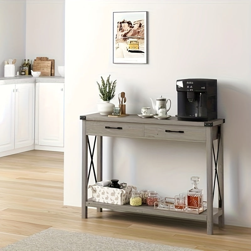Farmhouse Entryway Table - 2-Tier Wooden Console Sofa Table with 2 Drawers & Open Shelf, Space-Saving Hardwood Design for Living Room, Hallway, Entryway - Rustic Modern Home Decor