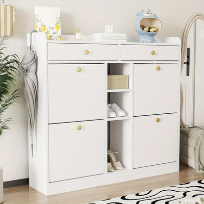 Schoenkast met 4 Openslaande Deuren & 2 Laden – 110 × 26 × 100 cm – Modern Opbergmeubel voor Hal, Woonkamer of Gang