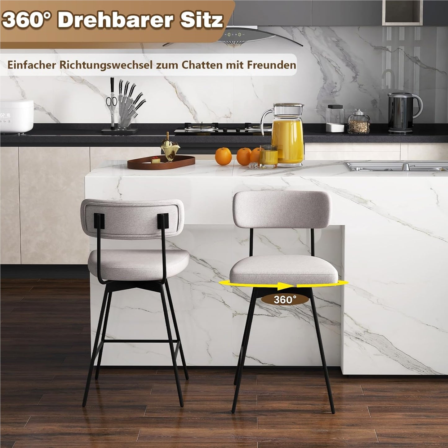 Barstoel – Barkruk – Keukenstoel – Barstoel Set – Barstoelen – Draaibaar 360° – Linnen Bekleding – Zithoogte 63,5 cm