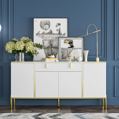 Elegant White Ripple Wooden Sideboard with Golden Pulls & Black Legs – 160.02cm W x 39.88cm D x 80.01cm H Four-Door Storage Cabinet for Bedroom, Bathroom, or Living Room, Modern Hardwood Design with Ample Storage Options, V
