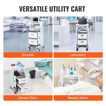 Medische Trolley – Verrijdbare Wagen – Lab Trolley – Behandelwagen – Opbergwagen – 3 Niveaus Met 2 Laden – Hoogwaardig ABS Kunststof & Vergrendelbare Wielen