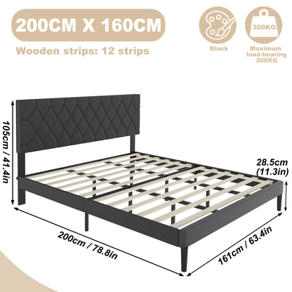 Gestoffeerd Bedframe – Tapijtbed – Platformbed – Ledikant – Slaapbank – Zwart Leerlook Hoofdeinde – 160x200 cm – Stevig Metalen Frame