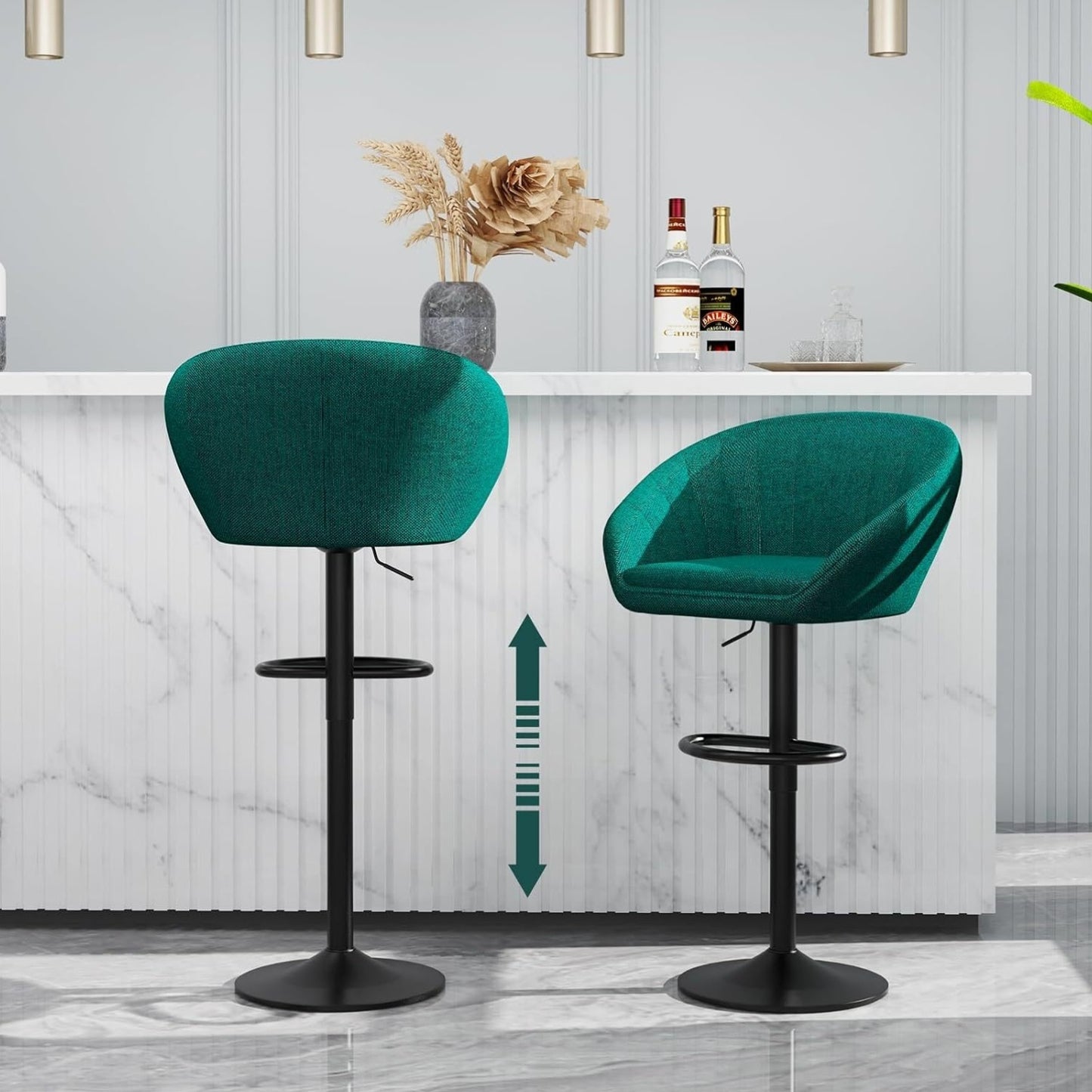 Bar Krukken Set – Barkrukken – Barstoelen – Keukenstoelen – Hoge Stoelen – Verstelbare Hoogte – Stoffen Zitting – Groen – Met Draaifunctie – Met Metalen Frame