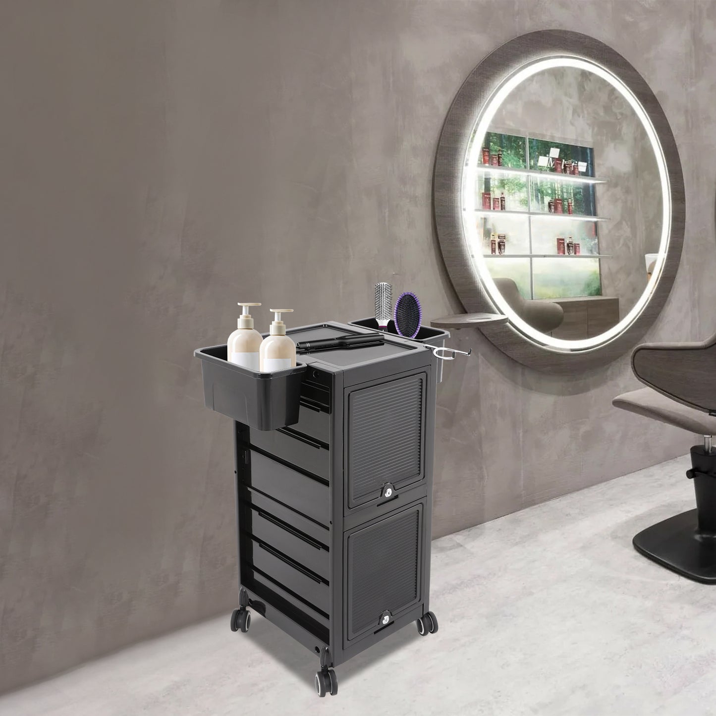 Heavy-Duty Rolling Salon Storage Cart with 6 Trays & 2 Baskets - Mobile Beauty Organizer with Locking Wheels, Large Capacity Salon Cart, Sturdy Metal Frame & ABS Construction, Space-Saving Design for Salon, Spa, Barber Shop,