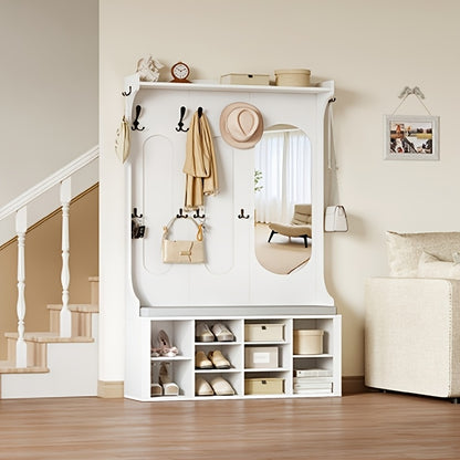 Coat Rack with Shoe Bench, Wardrobe with Mirror, Shoe Storage, 10 Hooks, Adjustable Shelves, Freestanding, for Entrance Area, Hallway, 35.5 X 100 X 185cm, White,  Hallway Storage, Freestanding Wardrobe, Sleek Design, Shoe Ben - QUORE