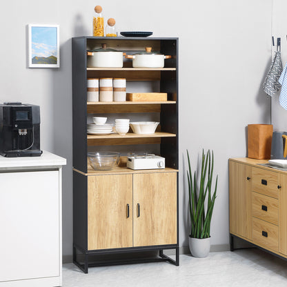 Keukenkast – Buffetkast – Dressoir – Opbergkast – Keukenkastje – Zwart/Natuurlijk Hout – 4 Verstelbare Planken – 75x35x175 cm
