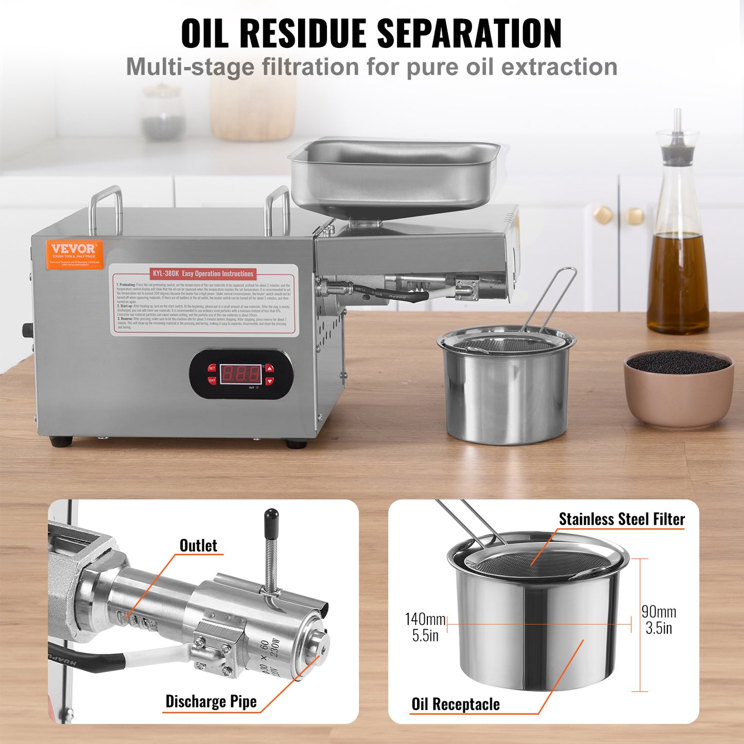 Oliepers – Notenpers – Zadenpers – Notenmolen – Olie-extractor – 850W Krachtige Motor – Instelbare Temperatuur Tot 300°C