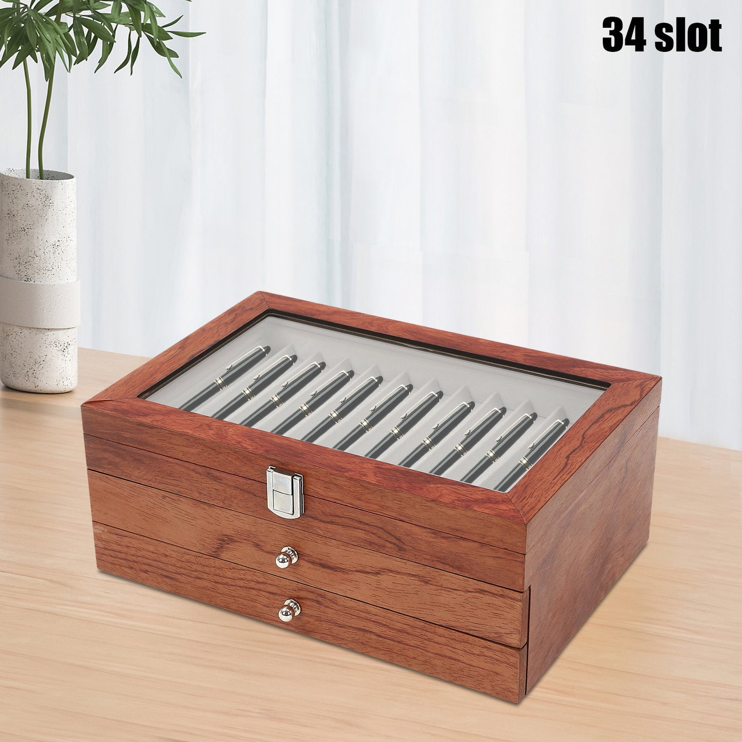 Penbox – Pennendoos – Pennenhouder – Bureau Organizer – Pennenetui – Massief Rozenhout – 34 Vakjes – Veilige Sluiting