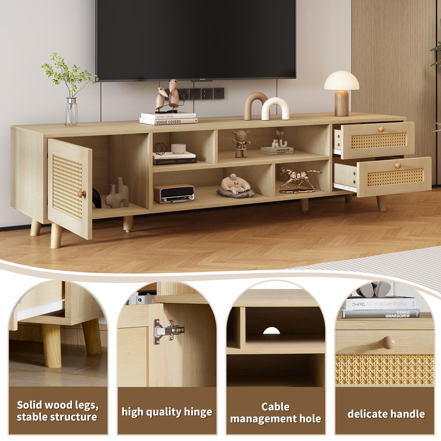 TV Lowboard – TV Meubel – TV Kast – TV Dressoir – TV Cabinet – Houtlook & Rattan – Geschikt Voor 70 Inch – Verstelbare Poten & Kabelbeheer