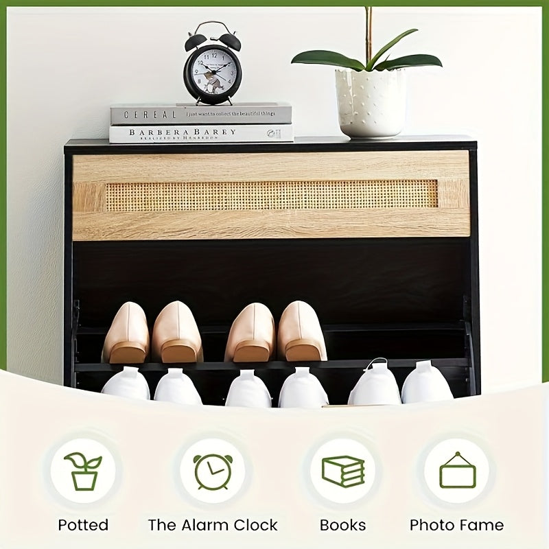 Schoenenkast – Schoenen Opberger – Schoenenkast – Schoenenschuifkast – Schoenrekken – Modern Design – Met 2 Kleppen en 4 Verstelbare Planken – Zwart – Duurzaam Hout en Metaal