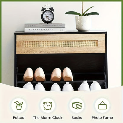 Schoenenkast – Schoenen Opberger – Schoenenkast – Schoenenschuifkast – Schoenrekken – Modern Design – Met 2 Kleppen en 4 Verstelbare Planken – Zwart – Duurzaam Hout en Metaal