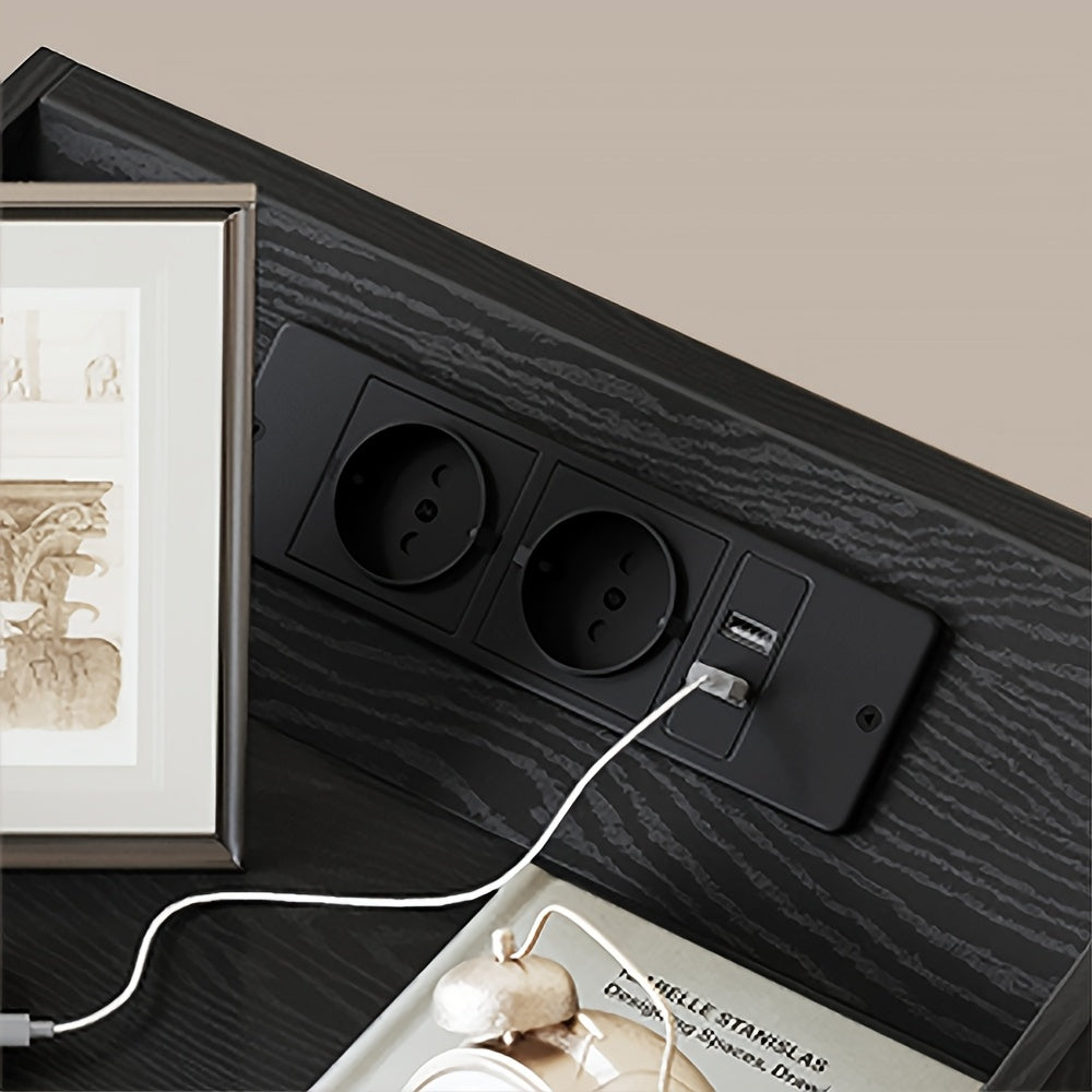 Nachtkastje – Bedside Table – Bijzettafel – Opberglade – Sfeerverlichting – Met LED-Verlichting En Oplaadstation – 2 USB-Poorten En Stopcontacten – Set Van 2 – 35x40x58 Cm – Stevig Hout – Zwart