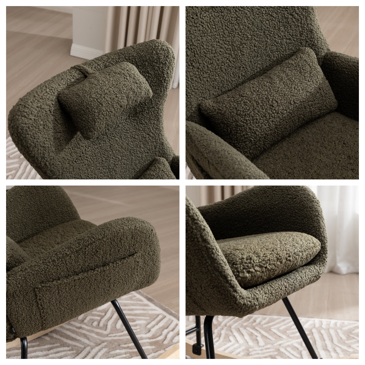 Schommelstoel – Relaxstoel – Fauteuil – Voedingsstoel – Loungestoel – Ergonomisch Design – Memory Foam Zitting – Hoge Rugleuning – Teddy Stof – Massief Houten Frame – Handmatig Schommelmechanisme – Grijs