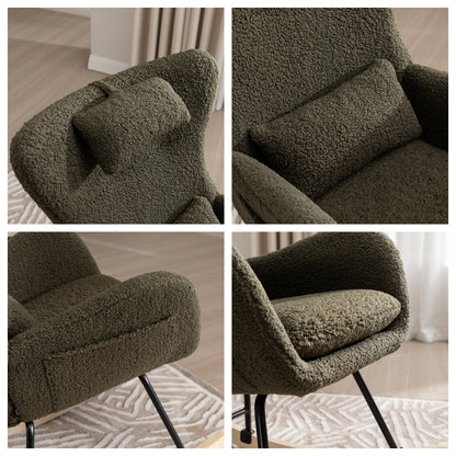 Schommelstoel – Relaxstoel – Fauteuil – Voedingsstoel – Loungestoel – Ergonomisch Design – Memory Foam Zitting – Hoge Rugleuning – Teddy Stof – Massief Houten Frame – Handmatig Schommelmechanisme – Grijs