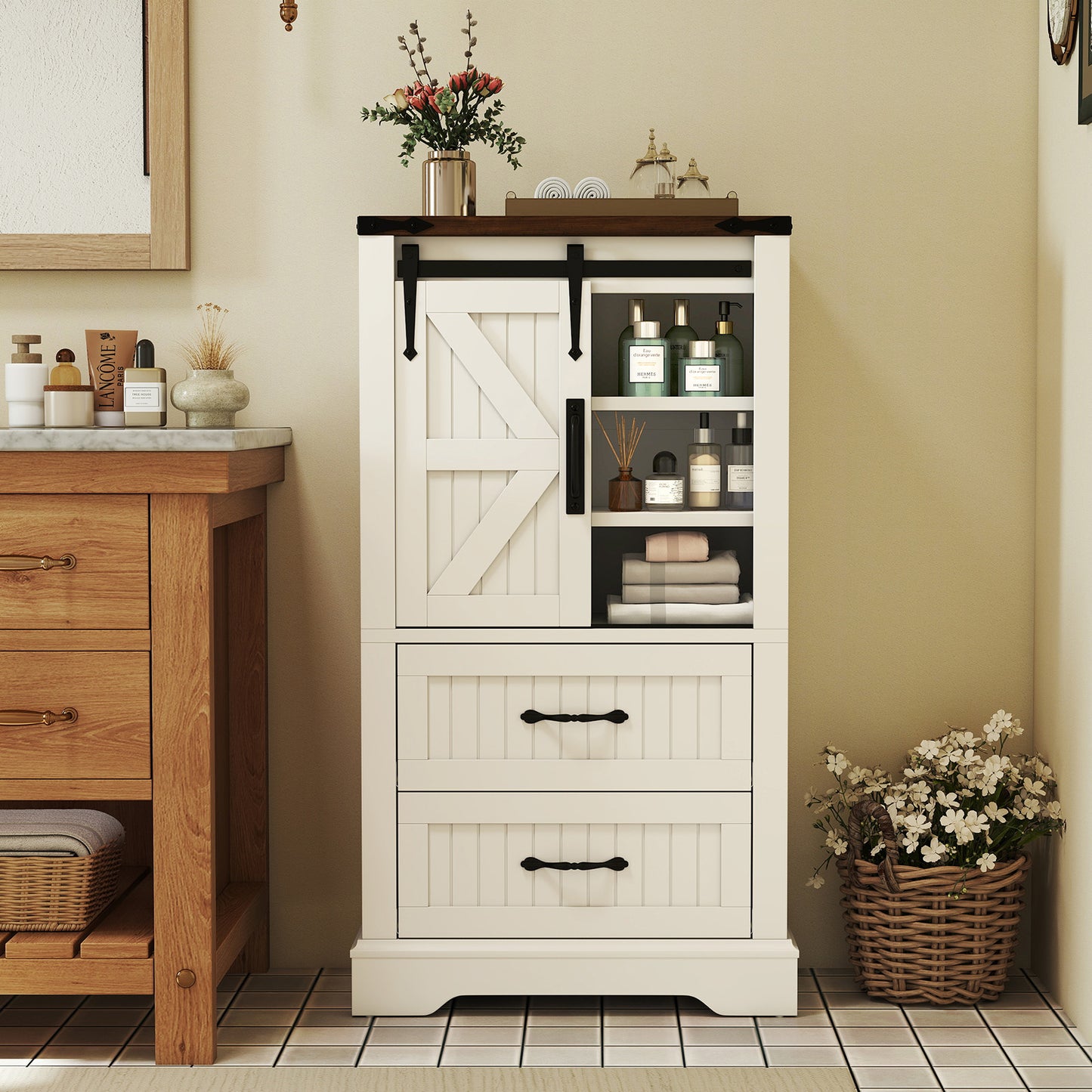 Badkamerkast Vloer – Opbergkast – Bergkast – Kast met Schuifdeur – Dressoir – Wit Houten Frame – Verstelbare Planken & 2 Lade Opbergruimtes