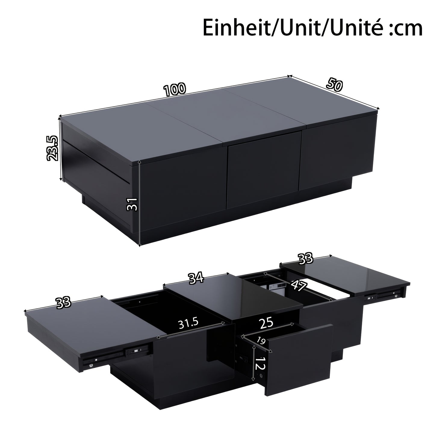 Modern High-Gloss Black Coffee Table with Drawers and Sliding Shelves | Rectangular Living Room Table with Ample Storage Space, Stylish Design, and Easy-to-Clean Surface