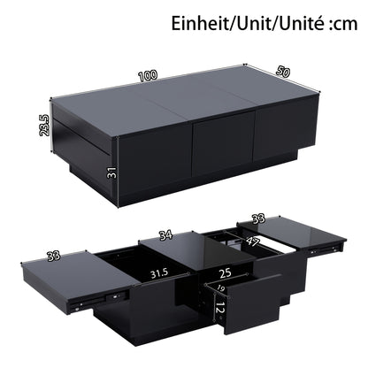 Modern High-Gloss Black Coffee Table with Drawers and Sliding Shelves | Rectangular Living Room Table with Ample Storage Space, Stylish Design, and Easy-to-Clean Surface