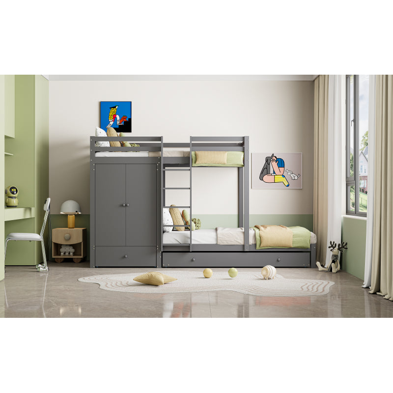 Stapelbed – Hoogslaper – Kinderbed – Multifunctioneel Bed – Uitklapbaar Logeerbed – Massief Hout – 90x200 cm – Met Kledingkast en Ladeblok