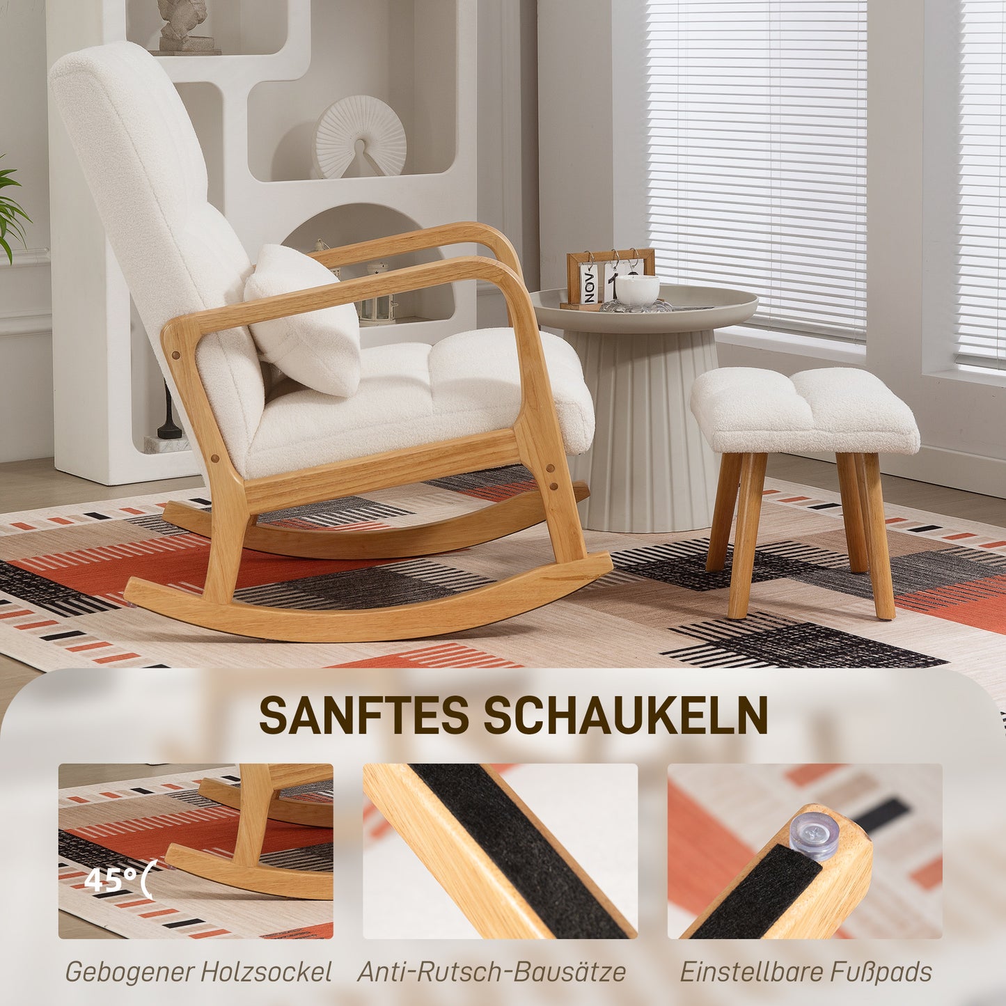 Schommelstoel – Relaxstoel – Fauteuil – Voedingsstoel – Loungestoel – Fleece Bekleding – Hoogte Rugleuning – Stevig Rubberwood Met Antislip Voetbescherming
