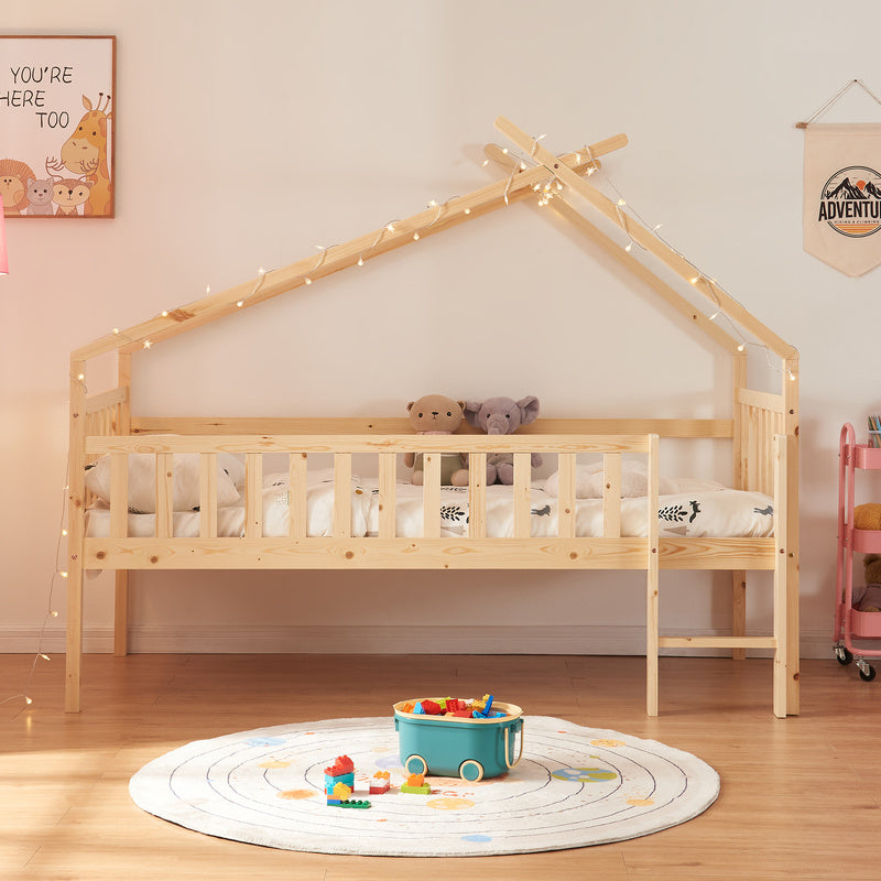 Bedframe Kinderbed Kinderbedje Huisbed Houten Bed – 90x200 cm – Valbeveiliging – Massief Dennenhout