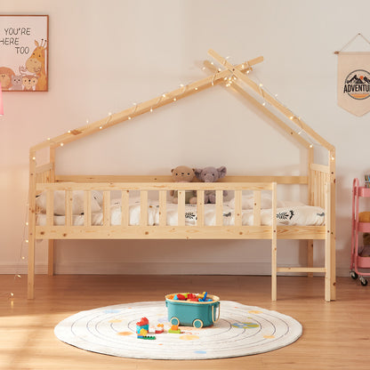 Bedframe – Kinderbed – Hoogslaper – Peuterbed – Jeugdbed – Massief Dennenhout – Valbeveiliging – 90x200 cm