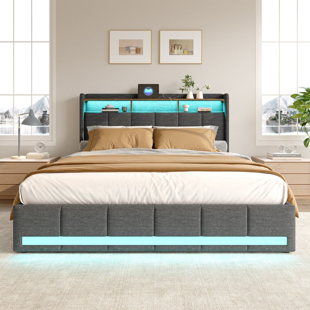 Double Bed with Storage, LED Lighting, 4 Drawers, Storage Function, USB Charging, Quick Assembly, Metal And Linen Bed Frame, Classic, for Adults, Ideal for 8Mj4Txd Bedroom.