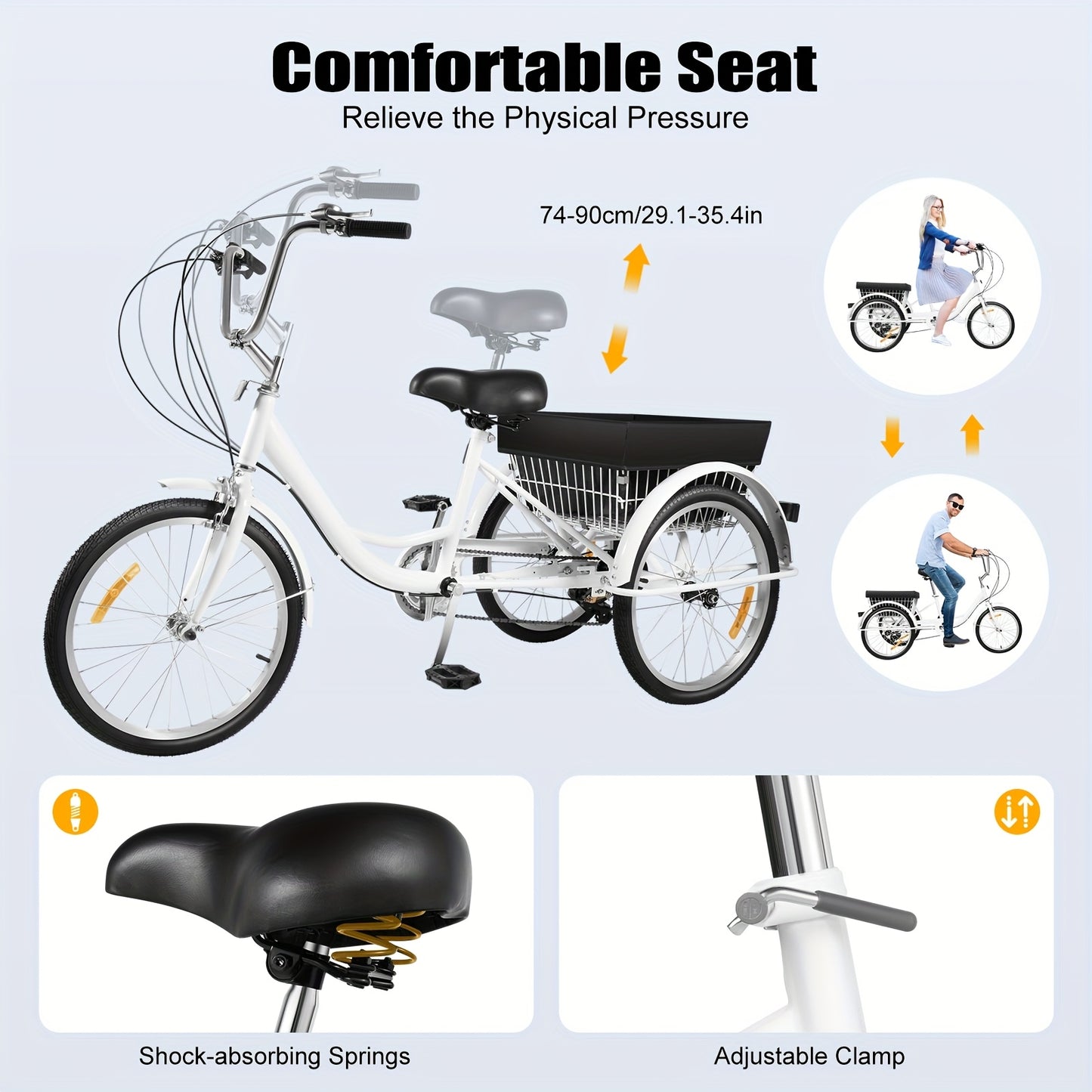 Driewieler – Driewieler Fiets – Volwassenen Driewieler – Driewieler Met Mand – Driewieler 3-Wiel – Wit – 50,8 cm – 8 Versnellingen – Verstelbaar Zadel
