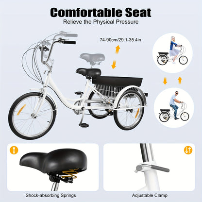 Driewieler – Driewieler Fiets – Volwassenen Driewieler – Driewieler Met Mand – Driewieler 3-Wiel – Wit – 50,8 cm – 8 Versnellingen – Verstelbaar Zadel