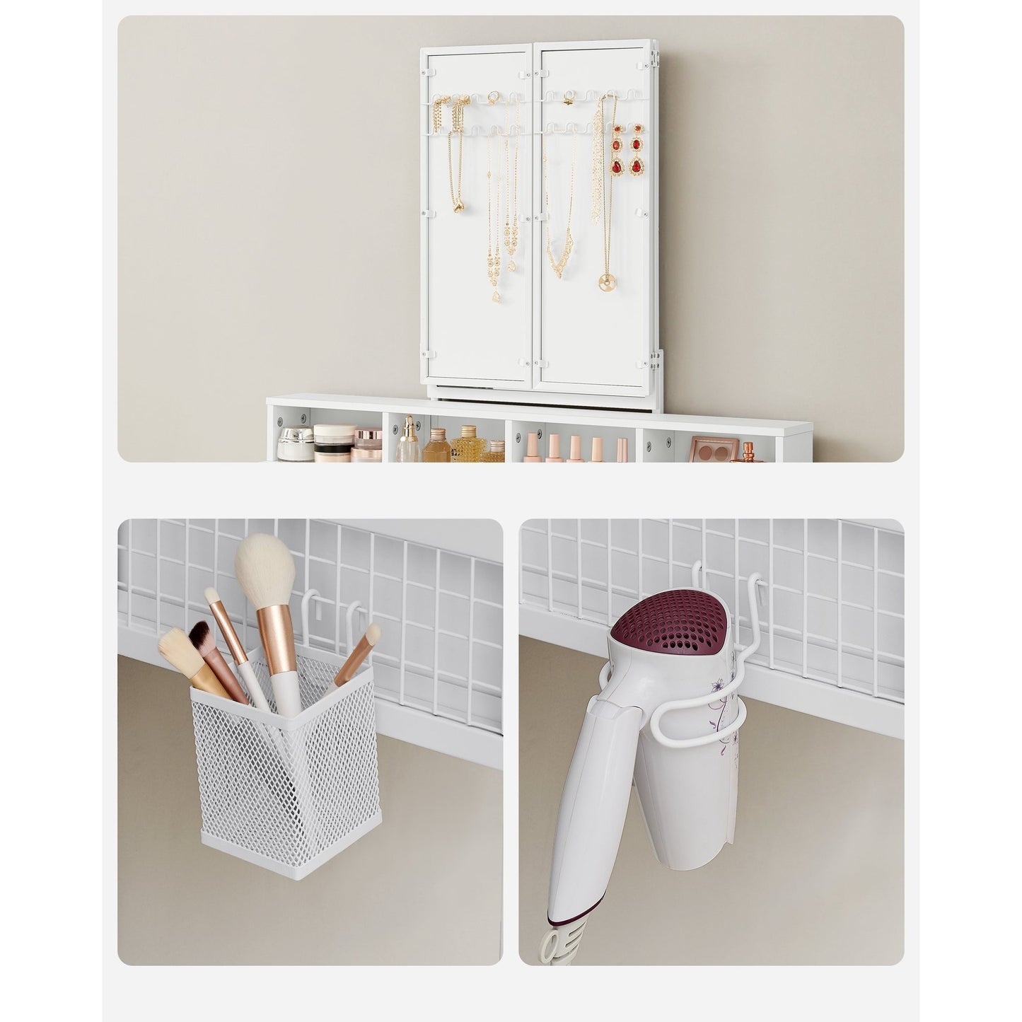 Kaptafel – Make-up Tafel – Cosmeticatafel – Opmaktafel – Opbergtafel – Wit – Drieluikspiegel – 3 Lades – Föhnhouder – Stijlvol Met Metalen Frame