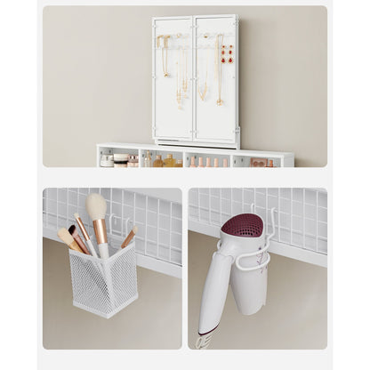 Kaptafel – Make-up Tafel – Cosmeticatafel – Opmaktafel – Opbergtafel – Wit – Drieluikspiegel – 3 Lades – Föhnhouder – Stijlvol Met Metalen Frame
