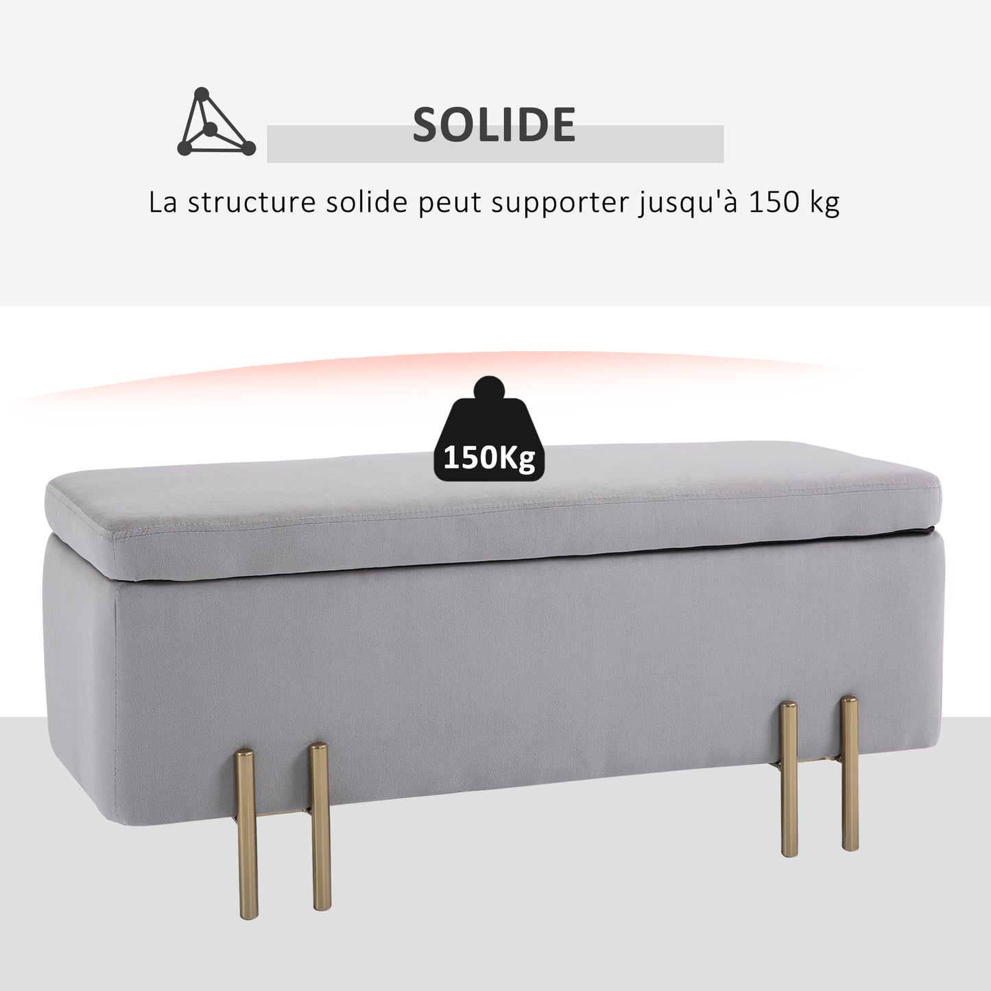 Opbergbank – Zitbank – Halbank – Opbergkist – Opbergbox – Lichtgrijs Fluweel – 100x40x42 cm – Met Ruime Opbergruimte – Gouden Metalen Pootjes