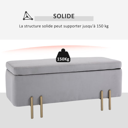 Opbergbank – Zitbank – Halbank – Opbergkist – Opbergbox – Lichtgrijs Fluweel – 100x40x42 cm – Met Ruime Opbergruimte – Gouden Metalen Pootjes
