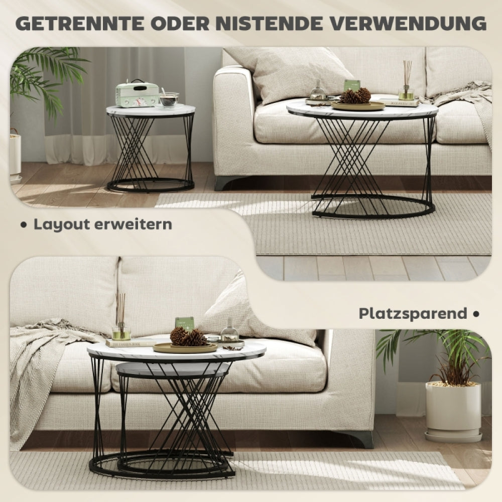 Koffietafel Set – Bijzettafel – Salontafel – Nestbare Tafels – Witte Zwarte Marmerlook – Ruimtebesparend Design – Stevig Metaal & Lichtgewicht Spaanplaat