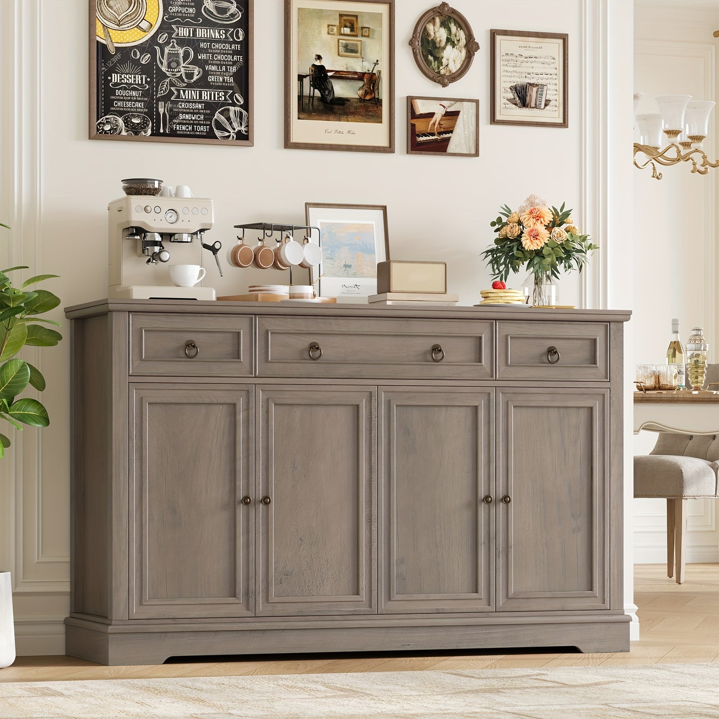 Kast Ladenkast – Dressoir Opbergkast Sideboard Commode – Wit Hout – 2-Deurs 4-Laden – Verstelbare Planken – Stevige Houten Constructie