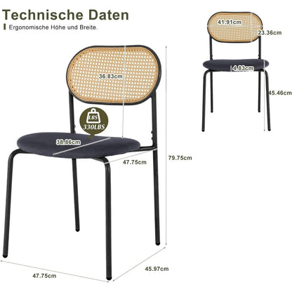 Eetkamerstoelen – Stoel – Kuipstoel – Keukenstoel – Zithoekstoel – Set Van 2 – Met Fluwelen Zitting – Met Rattan Rugleuning