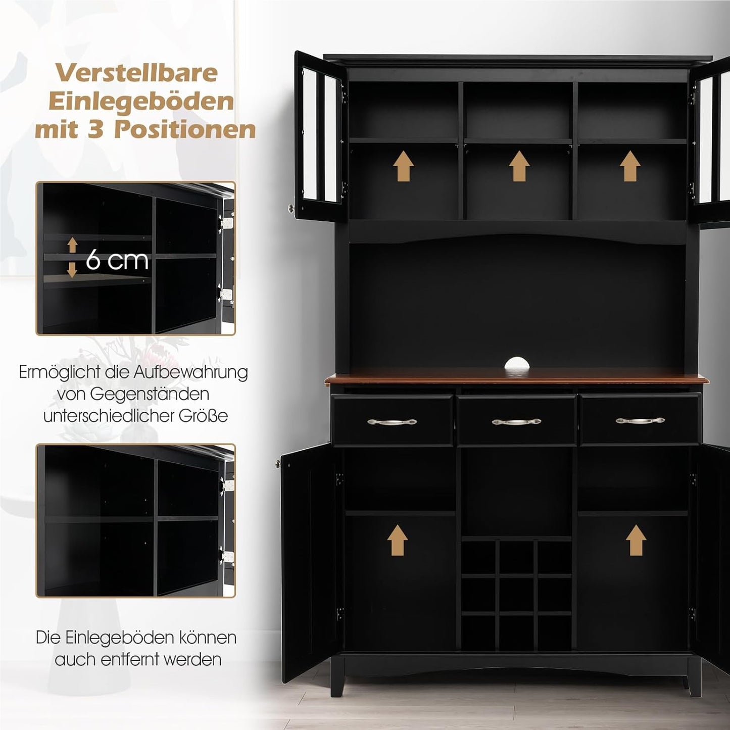 Keukenkast – Keukenbuffet – Kast – Dressoir – Opbergkast – Zwart – 3 Laden En Verstelbare Planken – Wijnrek En Open Schappen – 112x43x184,5 cm